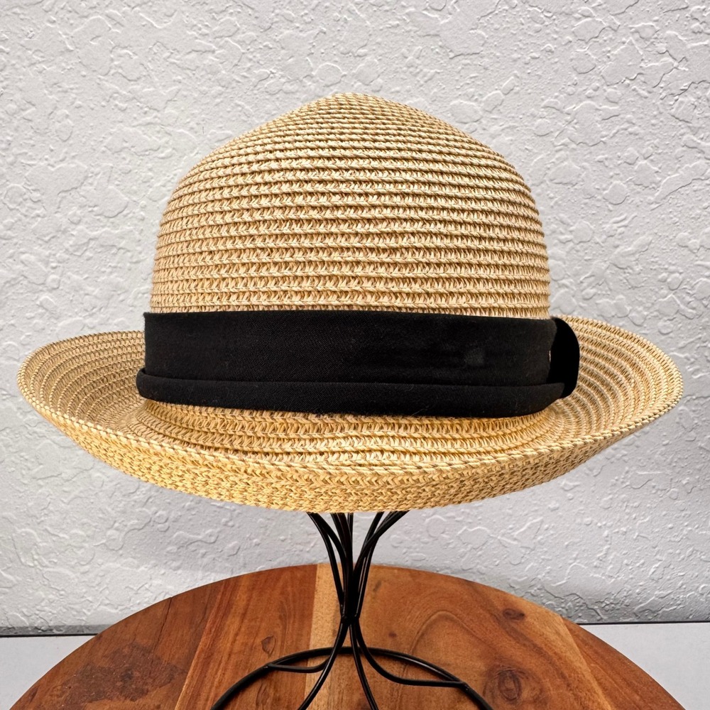 Toucan Collection Tan Straw Cloche Hat Black Ribbon Size MD/LG